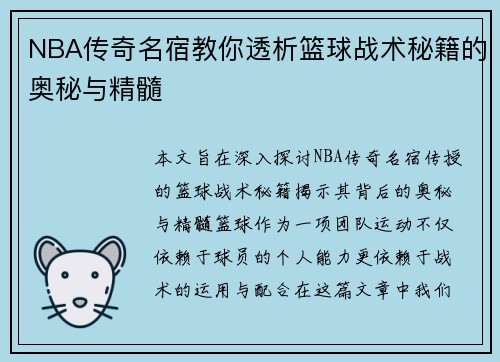 NBA传奇名宿教你透析篮球战术秘籍的奥秘与精髓