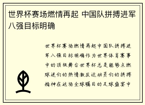 世界杯赛场燃情再起 中国队拼搏进军八强目标明确