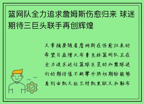 篮网队全力追求詹姆斯伤愈归来 球迷期待三巨头联手再创辉煌